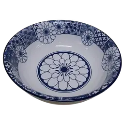 Japanese Rhyme Blues Ceramic Serving Bowl – Floral Medallion & Geometric Pattern - Master