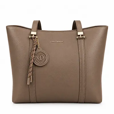 Christina & Olk Taupe Structured Leatherette Tote Bag with Charm primary image