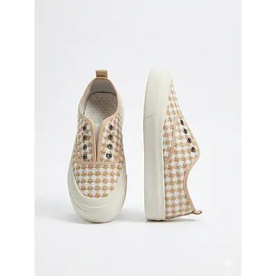 Beige houndstooth/gingham canvas slip-on sneakers primary image