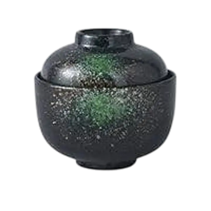 Japanese Tenmoku Style Lidded Ceramic Miso Soup Bowl – Black & Emerald Speckle - Master