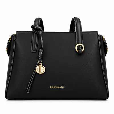 Christina & Olk Black Saffiano Leatherette Handbag with Gold Monogram Charm primary image